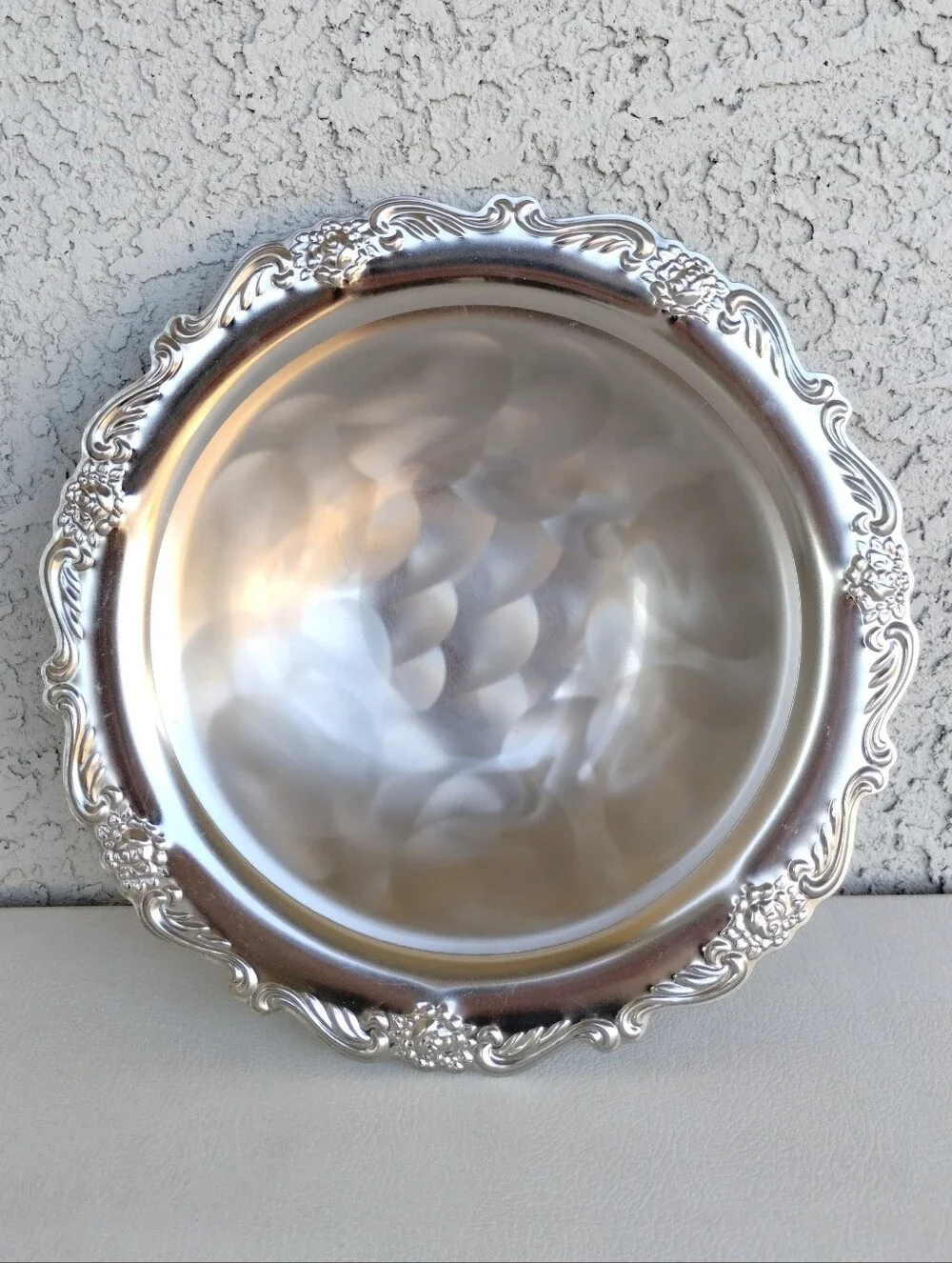 Vintage Martian Japan Stainless Steel Serving Bowl Baroque Floral Scalloped Dish